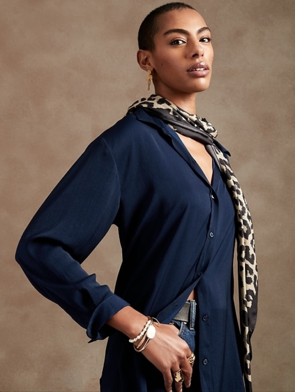 Banana Republic Dark Navy Blue Satin Silky Long-Sleeve Oversized Shirt Top